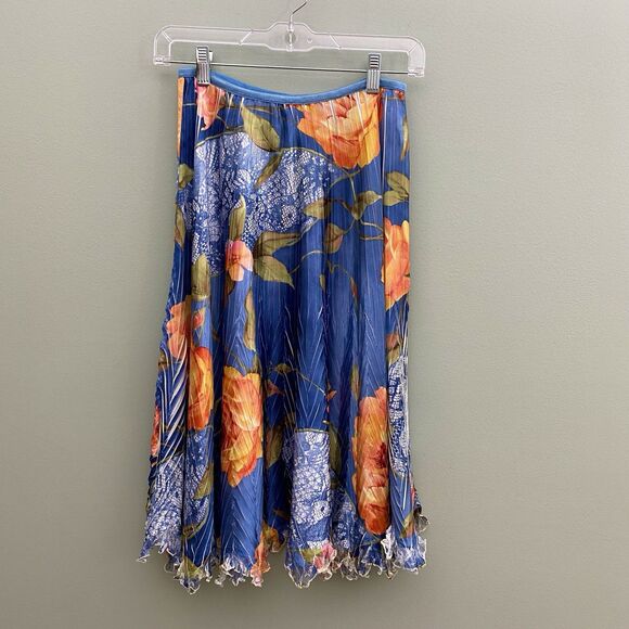 Komarov Skirt Womens Large Blue Floral Ruffle Midi Pleated Satin VTG Fairy Boho - Picture 1 of 8